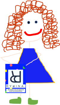 Dibujo de cata con un vestido azul y un flyer de Myrina sujetadores inclusivos con bolsillos interiores cáncer de mama mastectomía prótesis externaropa interopr inclusiva